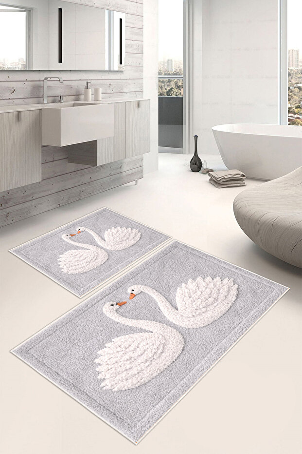 Swan Pattern Digital Print Washable 2-Piece Bath Mat (50x60-60x100)
