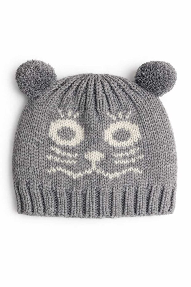 3-6 Years Old Children's Colorful Beanie with 100% Wool Rubber Knit Cat Pattern