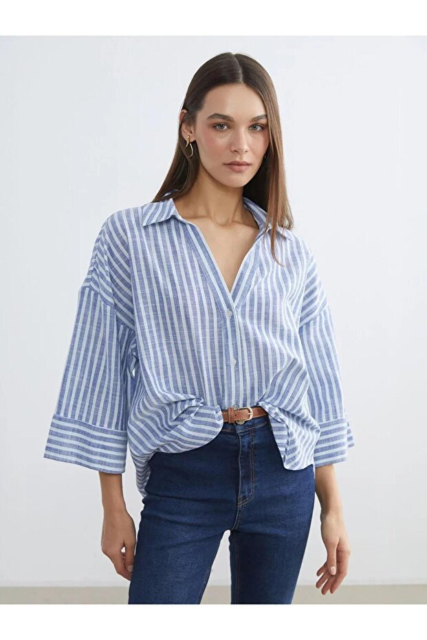 Blue Striped Oversized Poplin Women's Shirt (S6)