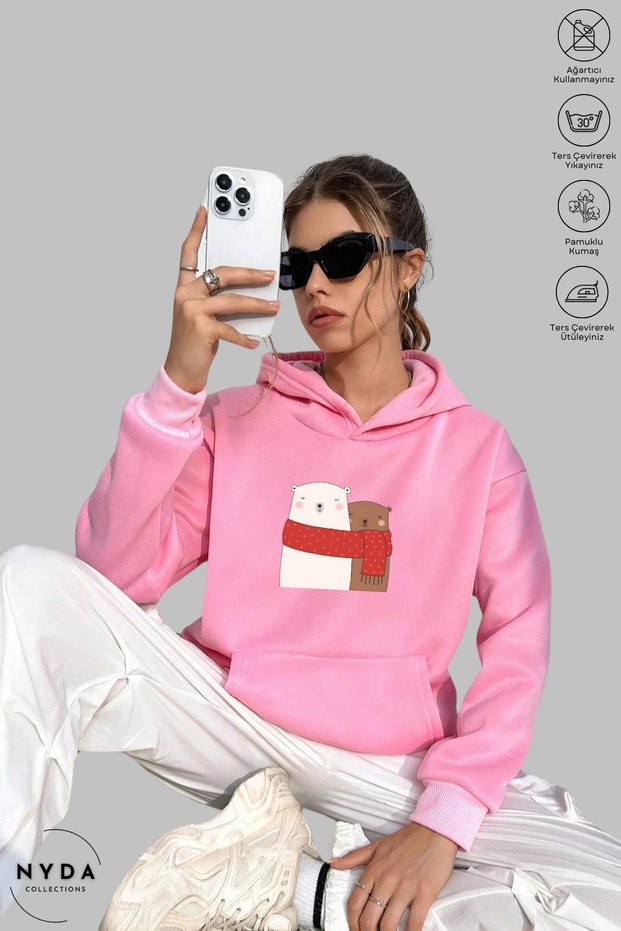 Unisex Hoodie Long Sleeve Teddy Bear Love Printed Hooded Oversized 100% Cotton Combed Cotton Sweatshirt