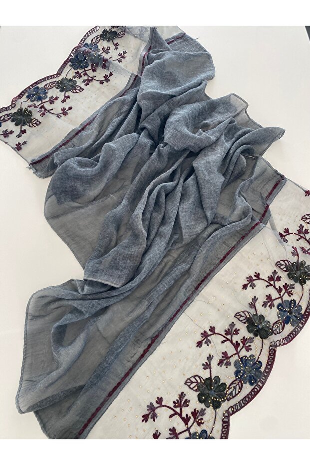 Anthracite Embroidered and Stone-Embellished Organic Cotton Imported Shawl