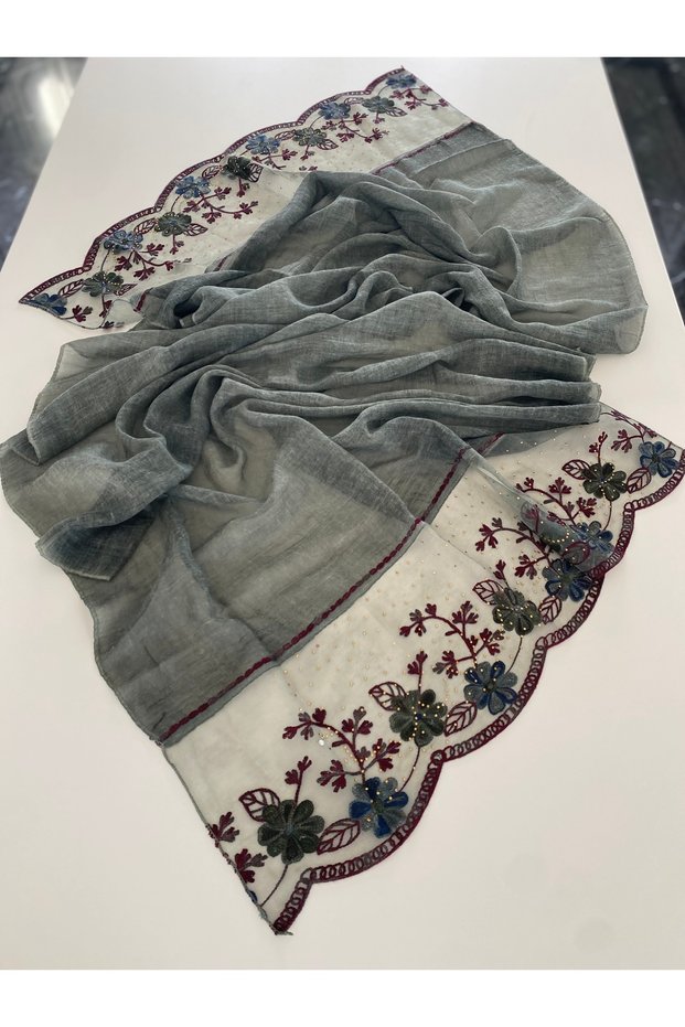 Khaki Embroidered and Stone-Embellished Organic Cotton Imported Shawl