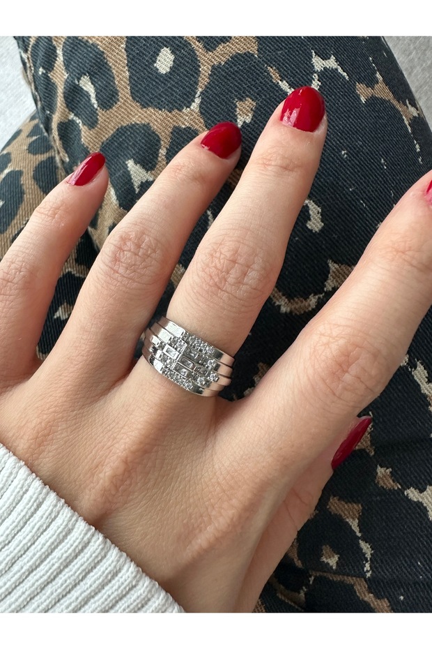 خاتم فضي اللون متعدد الأحجار - 3