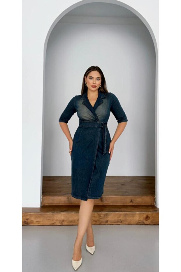 Navy Blue Jacket Collar, Three-Quarter Sleeves, Side Tie, Stone Detailing Denim Dress