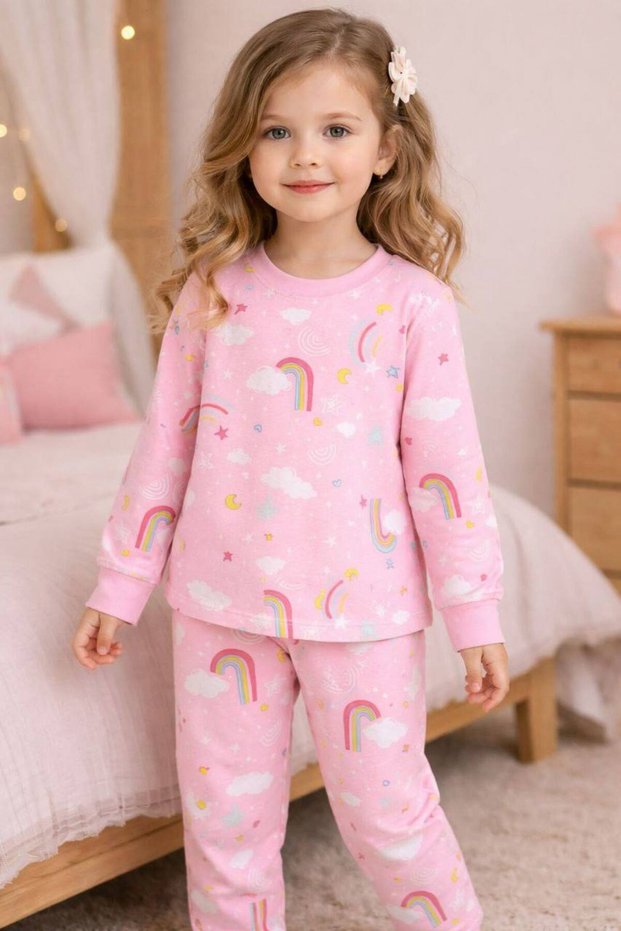 Girls' Rainbow Patterned Pajama Set Cotton Long Sleeve Top and Bottom