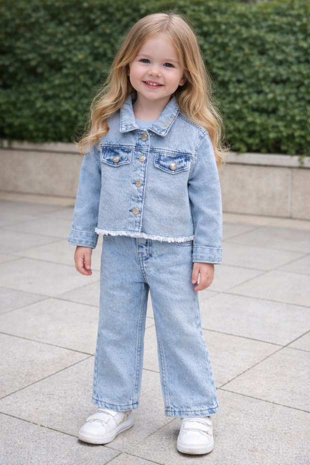 Girl's Glittery Denim Set with Sim Detail