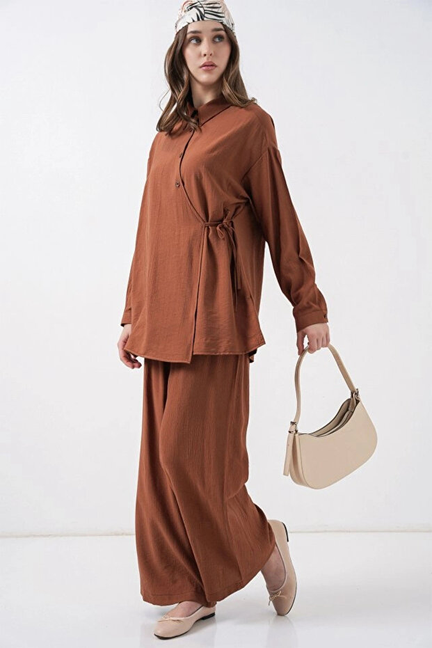 طقم بنطلون وسترة برباط 6752 - تان - 4