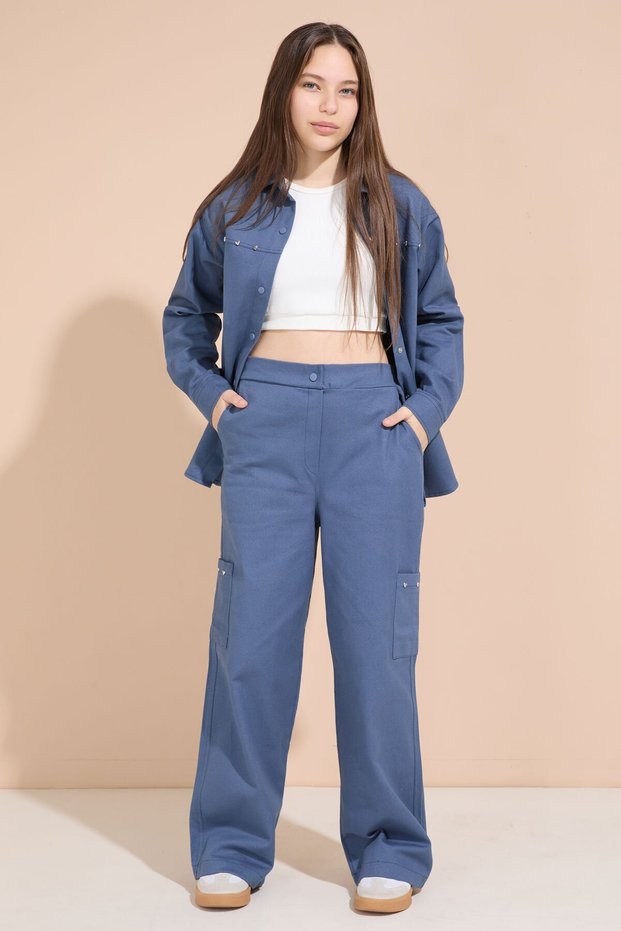 Girl's Gabardine Suit with Indigo Heart Embroidered Shirt and Wide-Leg Trousers 23555