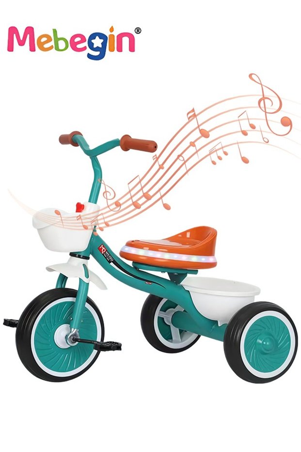 Kids Tricycles with Music and Light, Pedal Balance Bike with 3 Silence Wheels, Storage Basket and Pe