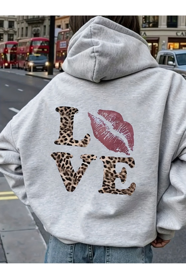 سويت شيرت Love مطبوع بغطاء رأس مريح للجنسين بجيب الكنغر وقصة قصة فضفاضة