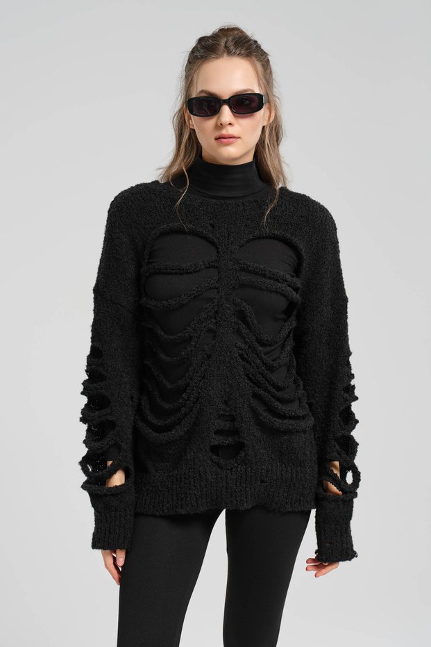 Women's Knitwear Long Sleeve Design Sweater with Front Cutout Detail