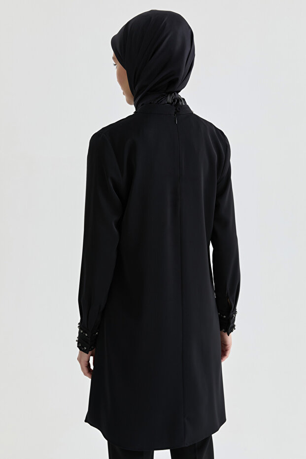 İşlemeli Pileli Tunik - Siyah - 6