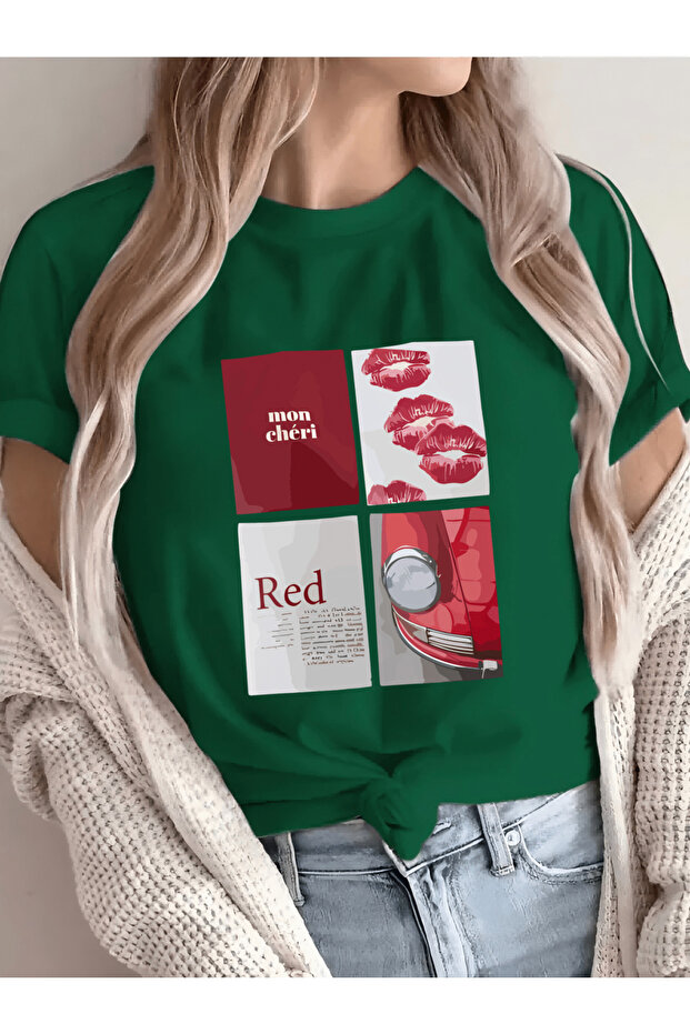 تيشيرت بتصميم مطبوع باللون الأحمر للجنسين من مون شيري