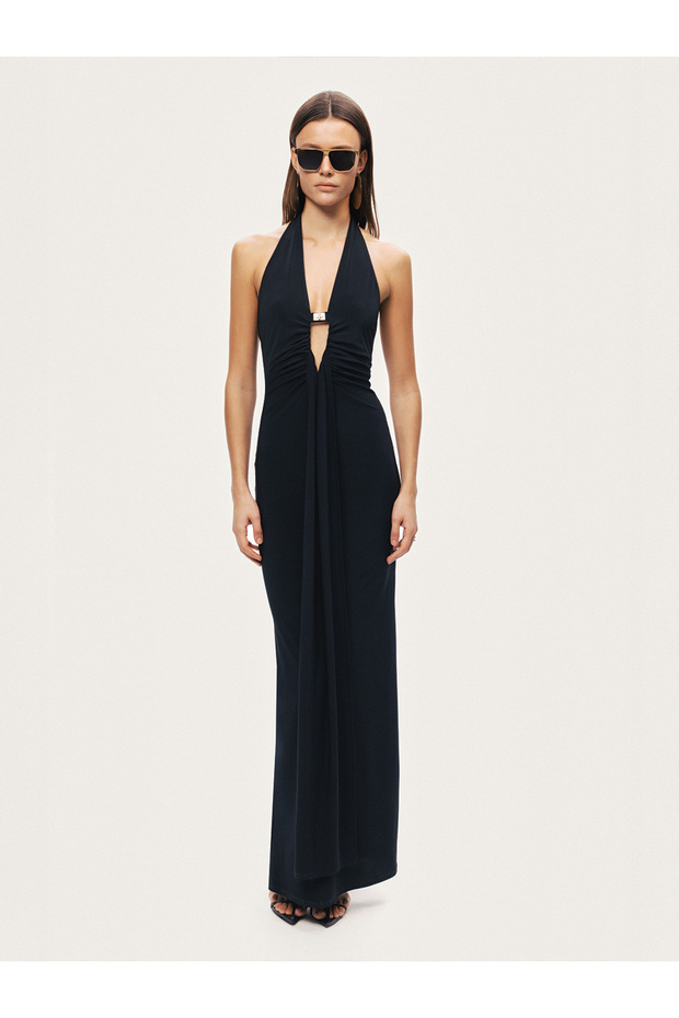 Drape ve Aksesuarlı Maxi Elbise - 4