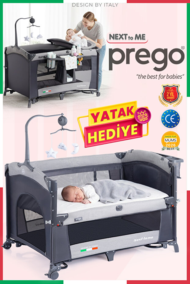 Prego Next To Me 10in1 Anne Yanı Park Yatak Oyun Parkı Sallanır Beşik Yana Açılır 70x120 Cm + Yatak Hediye