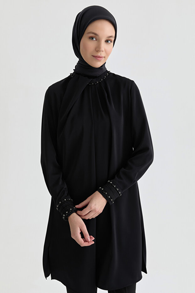 İşlemeli Pileli Tunik - Siyah - 5