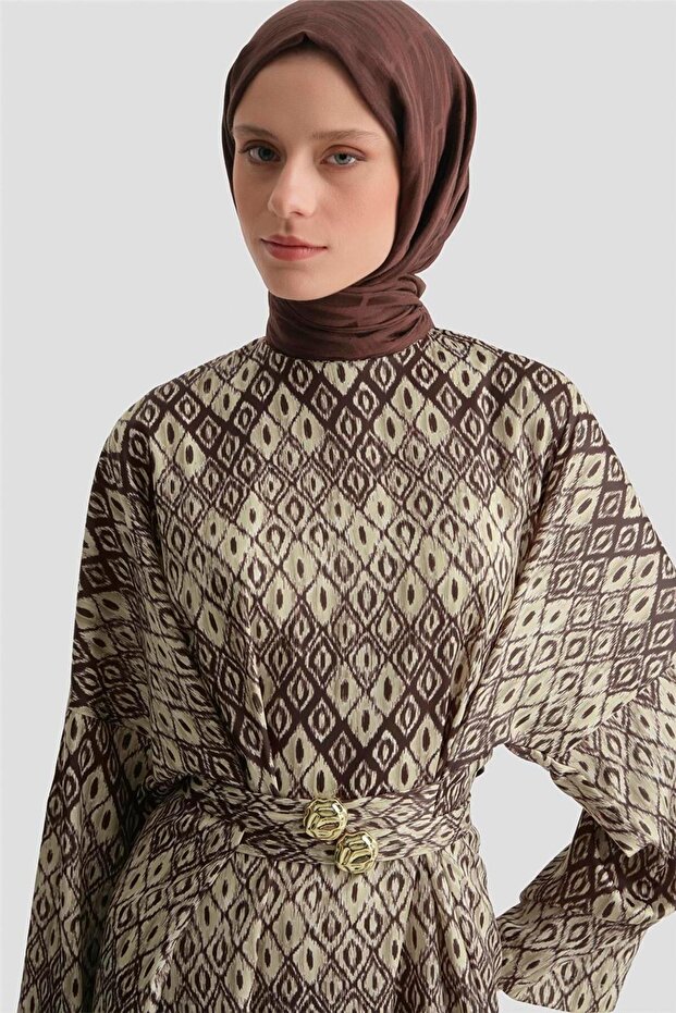 Patterned Dress with Buckle Detail in Brown