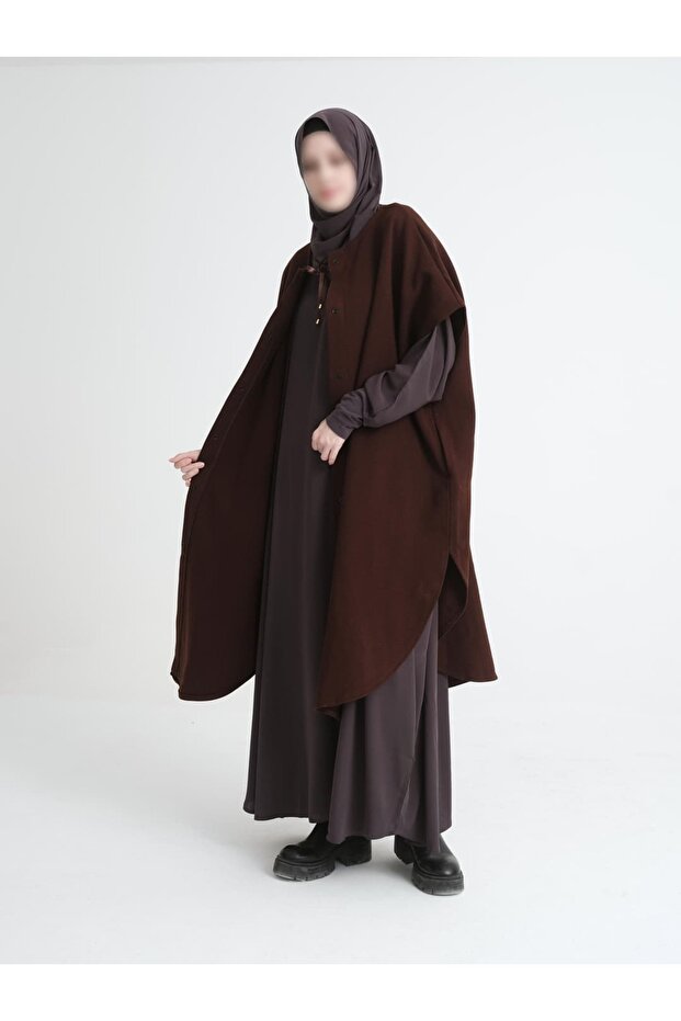 Kalın Çelik Örme Acı Kahve Kurdeleli Panço - 6