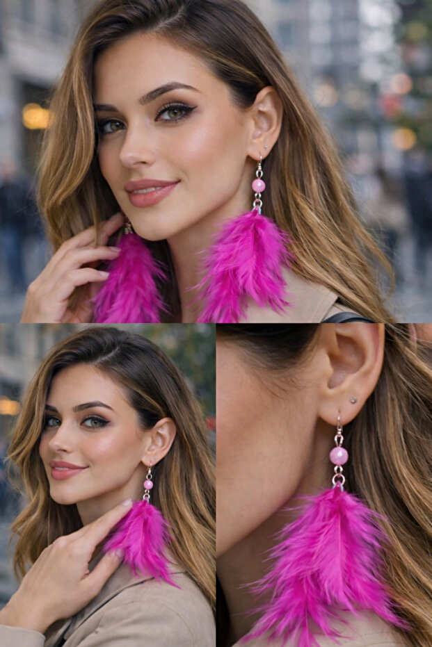 Fuchsia Natural Feather Earrings Pair – Long Dangle Earrings with Bead Detail