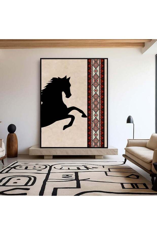 لوحة قماشية بتصميم خيل مع برواز فضي مجوف