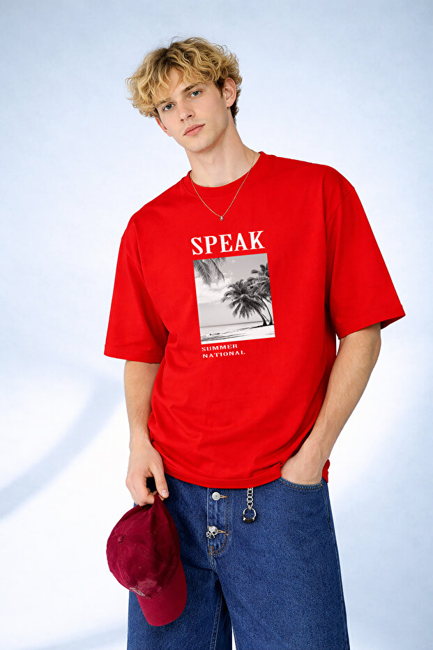Men's Speak Summer National Printed Palm Tree Pattern Crew Neck Red T-Shirt