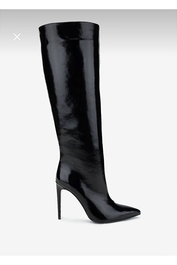 Women's Genuine Leather Black Patent Leather Heeled Boots Tpk Length 11 cm