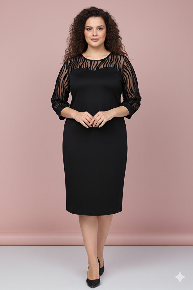 Women's Plus Size Black Tulle Collar Three Quarter Sleeve Midi Length Dress 12m-2369