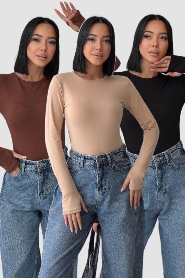 Women's 3-Piece Crew Neck Bitter Coffee Black Beige Finger-Looped Long Sleeve Basic Body Cotton Lycra Slim