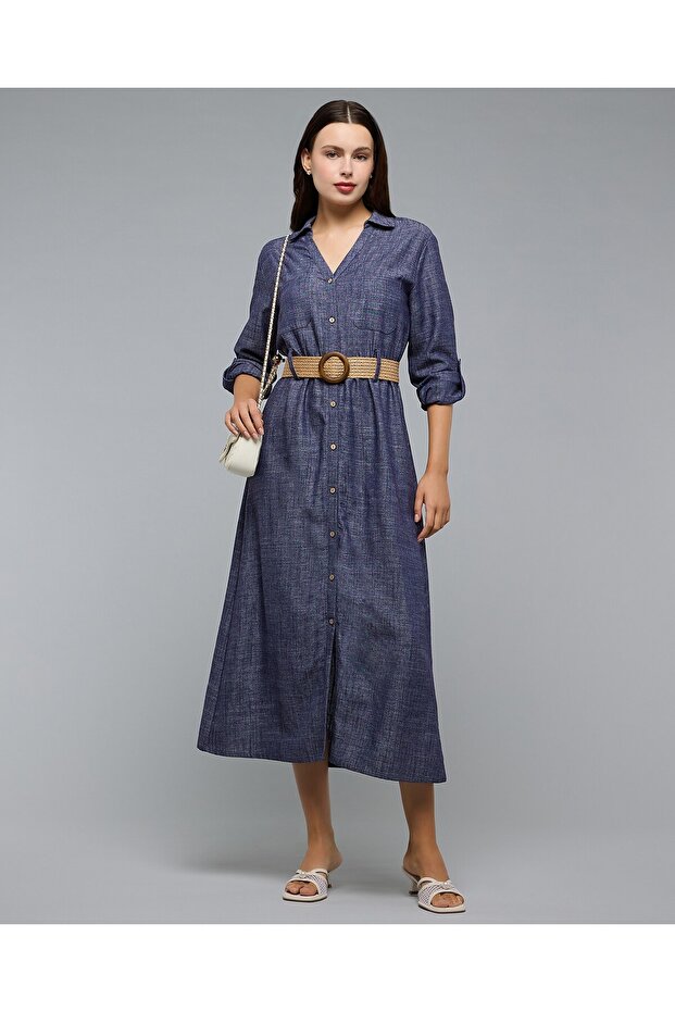 Woven Shirt Dress with Collar and Long Sleeves