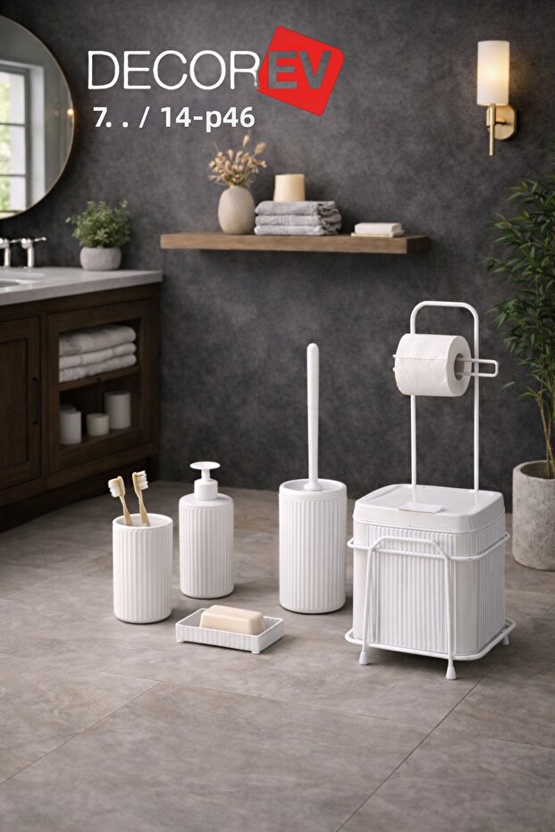 Standing White Bathroom Accessory Set Toilet Brush, Bathroom Bucket, Soap Dish and Toothbrush Holder Set
