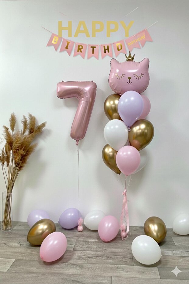 7 Year Old Cat Themed Birthday Balloon Set – Pink Gold Concept