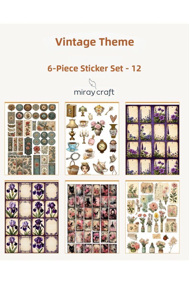6 Sheets Vintage Themed Sticker Set (12*17 cm)/For Scrapbook, Bullet Journal, Planner