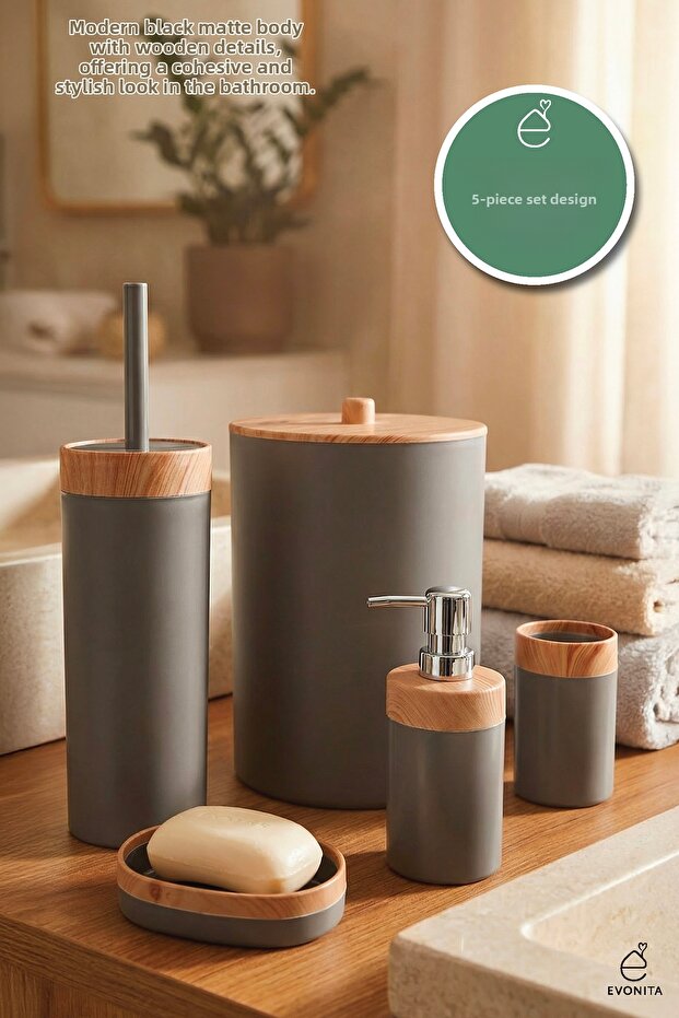 Wooden Patterned 5-Piece Bathroom Set: Trash Can, Liquid Soap Dispenser, Toothbrush Holder, Solid Soap Dispenser