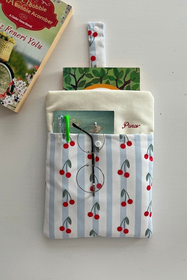 Linen Book Cover with Pockets, Cherry Pattern, Gift for Book Lovers