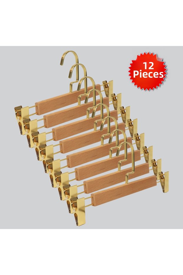 Wooden (Gold Hook Lama) Clothes Hangers for Pants and Skirts, Natural Color, 12 Pieces