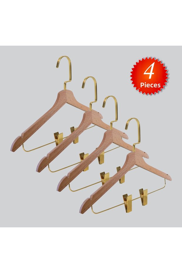 Wooden (Gold Lama Hook) Latch Hanger for Shirts and Skirts, Natural Color, 4 Pieces