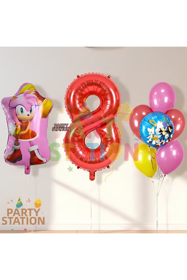 Sonic and Amy Themed 8Th Birthday Balloon Set 8 Pieces