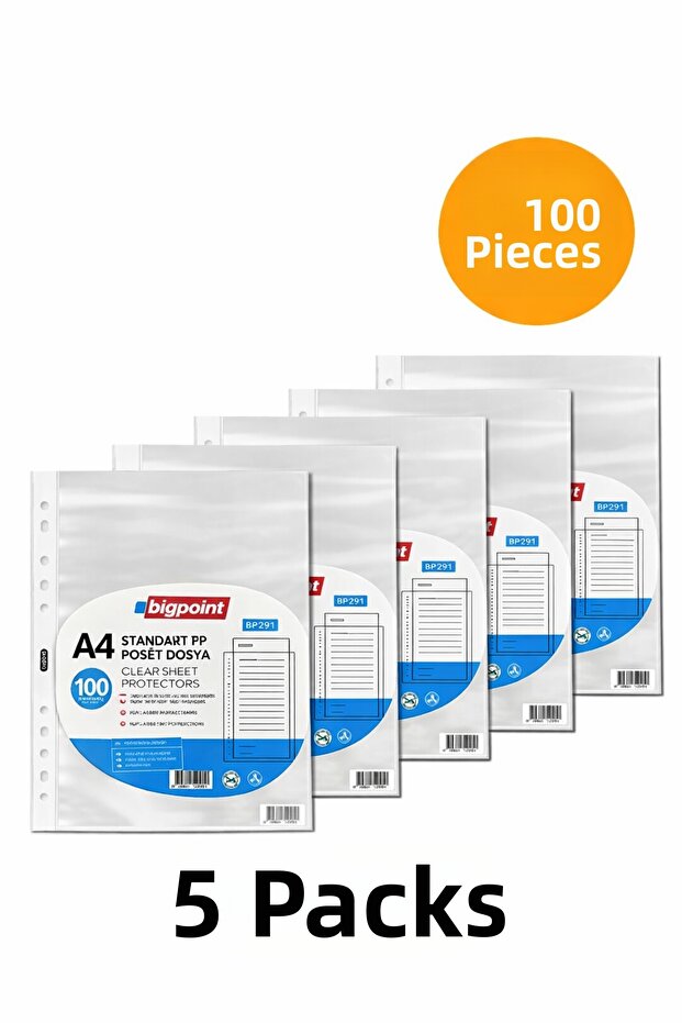 Transparent File Bags 100 Pieces - 5 Packs - Perforated, Folder Compatible (A4) Domestic Production