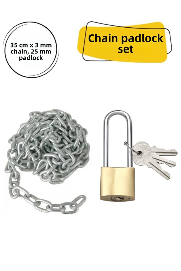 Long Yellow Padlock with Chain Dormitory Gym Military Cabinet Lock (3 mm Chain + 25 mm Padlock)