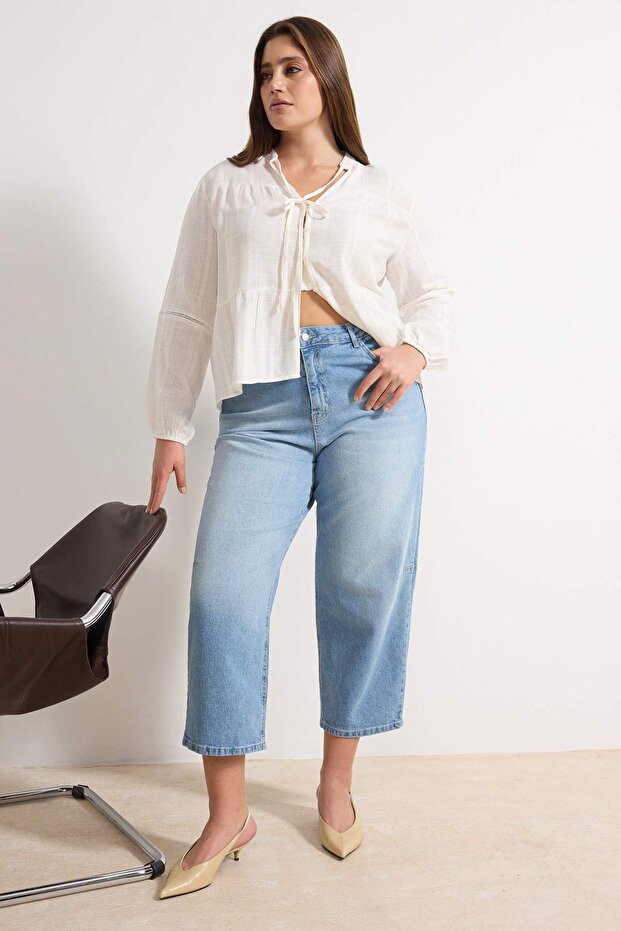 Mavi Yüksek Bel Comfort/Esnek Baggy Fit Denim Büyük Beden Jeans TBBSS26CJ00004 - 3
