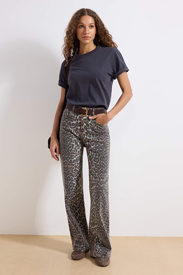 Çok Renkli Leopar Desenli Kahverengi Yüksek Bel Orta Esnek Wide Leg Jeans TWOAW25JE00309 - 1