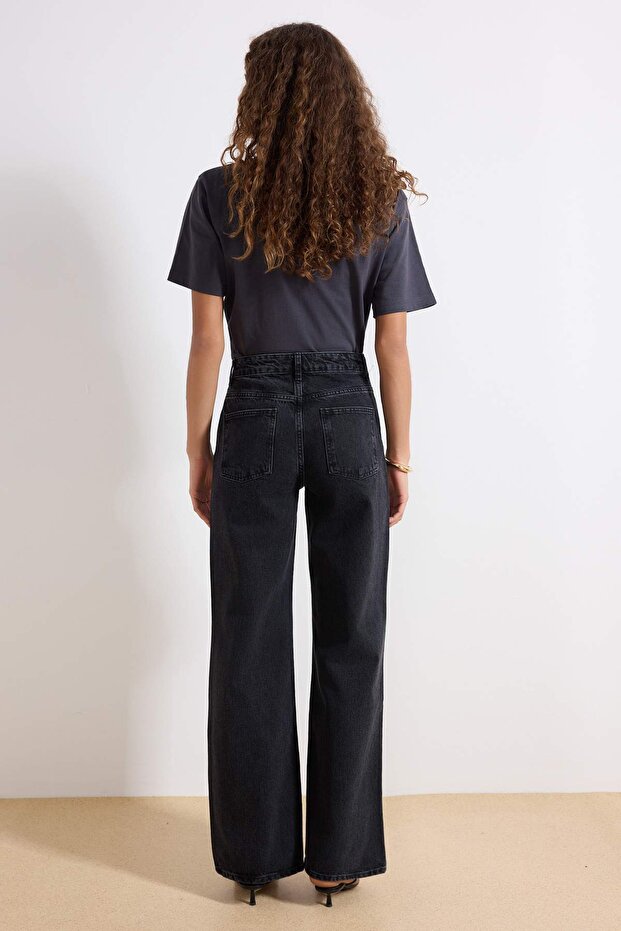 Antracit magas derekú, széles szárú, 100% pamut, nem nyúló farmernadrág TWOAW24JE00089 - 4