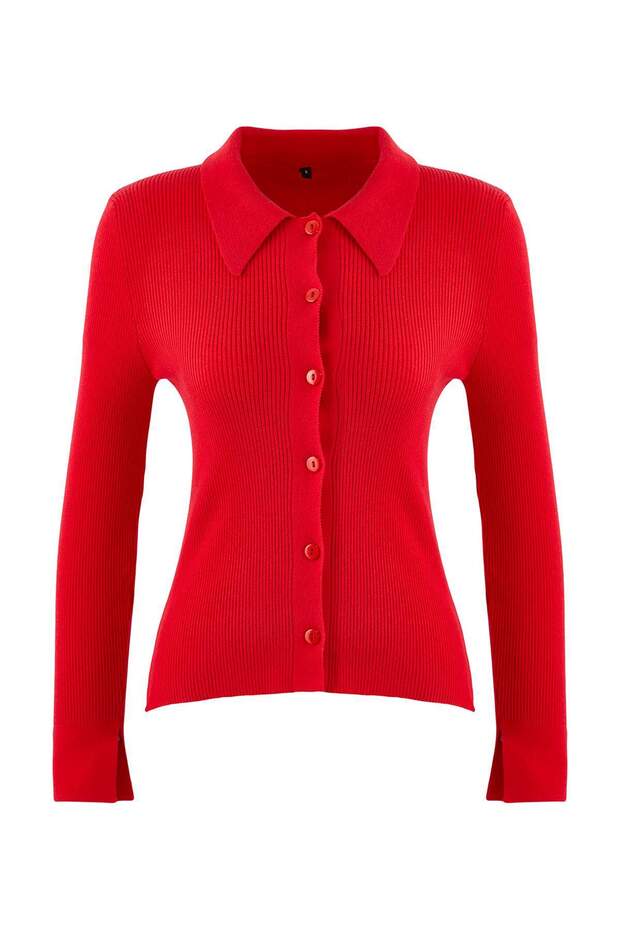 Wardrobe Essentials Kırmızı Premium İplik Polo Yaka Triko Hırka | TWOAW26HI00225 - 5