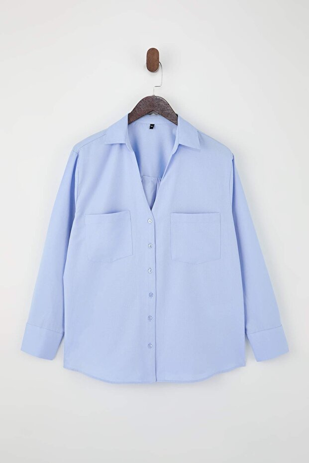 Wardrobe Essentials Mavi Kaçık Yaka Dokuma Büyük Beden Gömlek TBBSS26AX00003 - 6