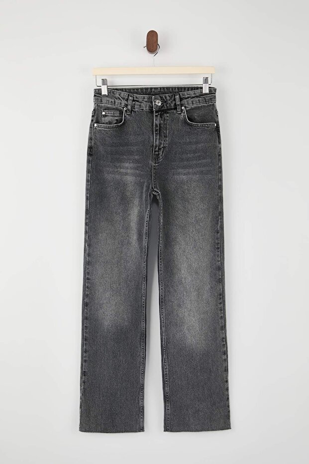 Siyah Kesik Paça Yüksek Bel Az Esnek Straight Düz Kesim Jeans TWOSS26JE00094 - 5