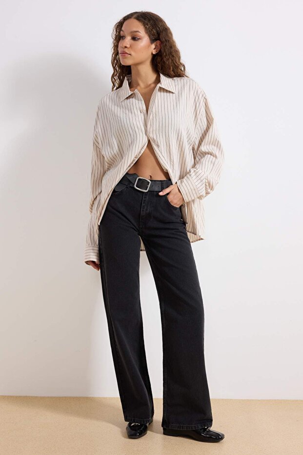 Siyah Yüksek Bel Wide Leg Smoke Geniş Paça %100 Pamuk Non-Stretch Jeans TWOSS23JE00068 - 6