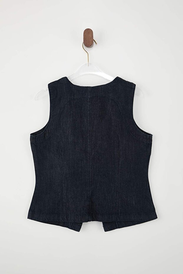 Koyu Mavi Düğme Detaylı Fitted 100% Pamuk Denim Yelek TWOSS26YE00004 - 6