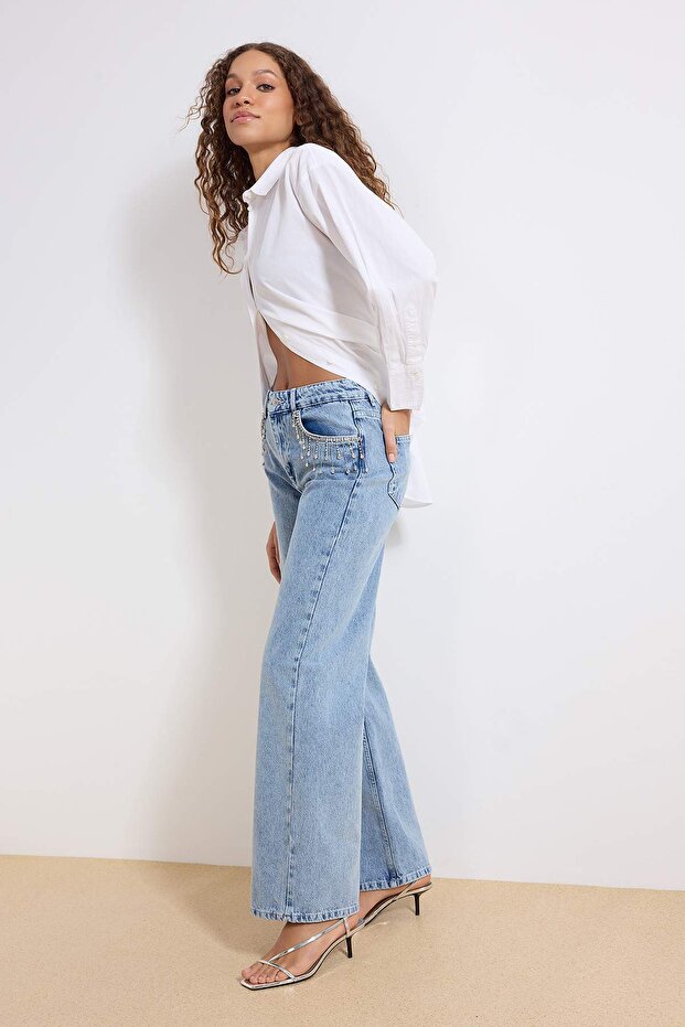 Mavi Taşlı Aksesuar Detaylı Yüksek Bel Wide Leg Jeans TWOSS23JE00204 - 3