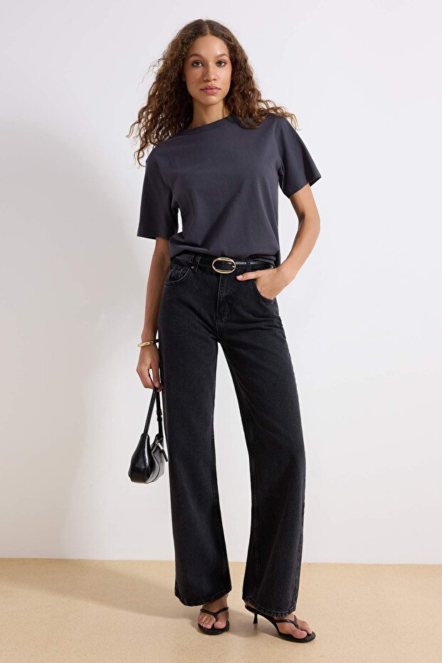 Antracit magas derekú, széles szárú, 100% pamut, nem nyúló farmernadrág TWOAW24JE00089 - 1