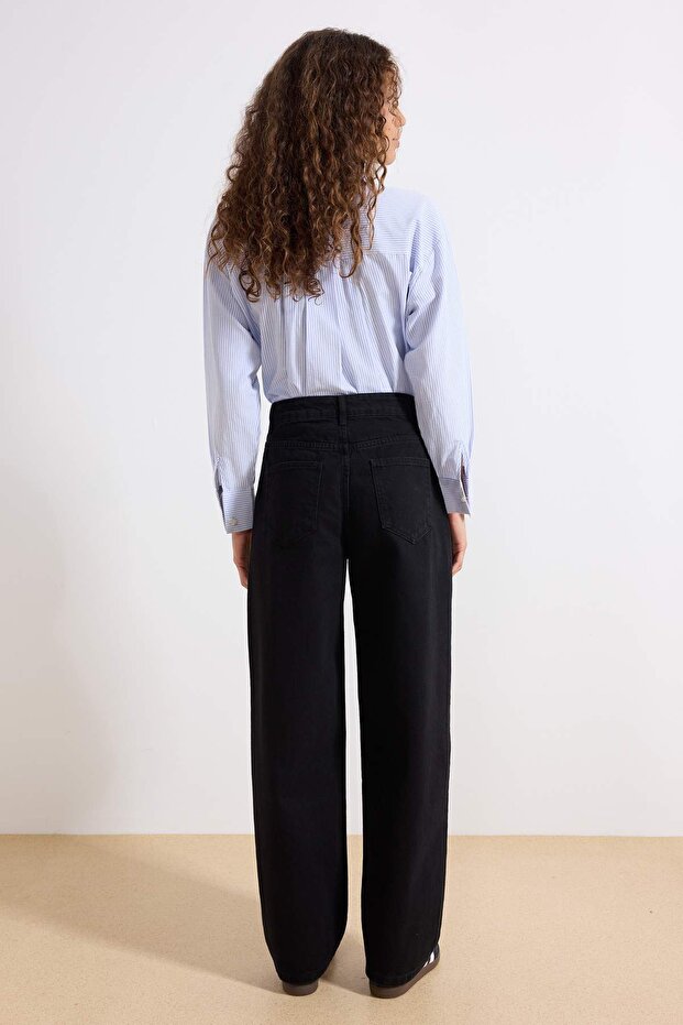 Siyah Yüksek Bel Baggy %100 Pamuk Non-Stretch Jeans TWOAW25JE00130 - 4